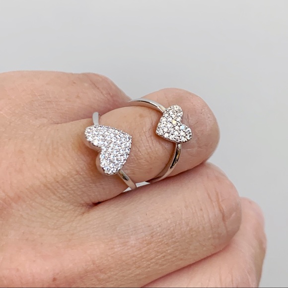 Rhodium Plated CZ Silver Tone Double Heart Ring 6 - Picture 4 of 4